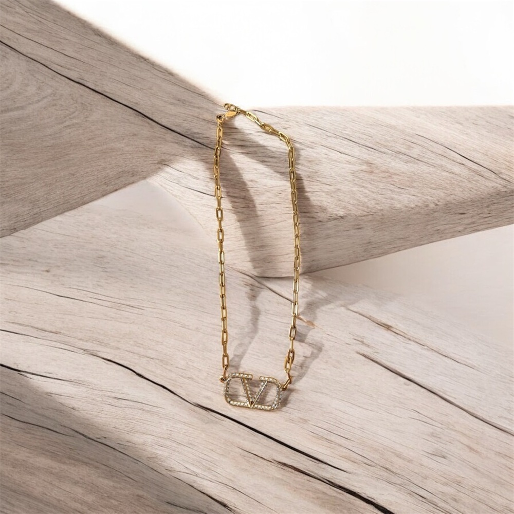 Valentino Garavani Crystal V Gold Chain Necklace